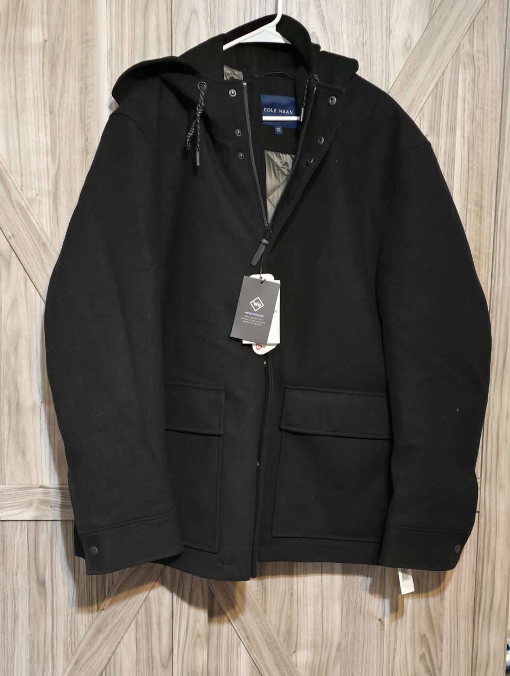 Cole Haan Black Hooded Raincoat with Front Flap Pockets and Drawcord Hood